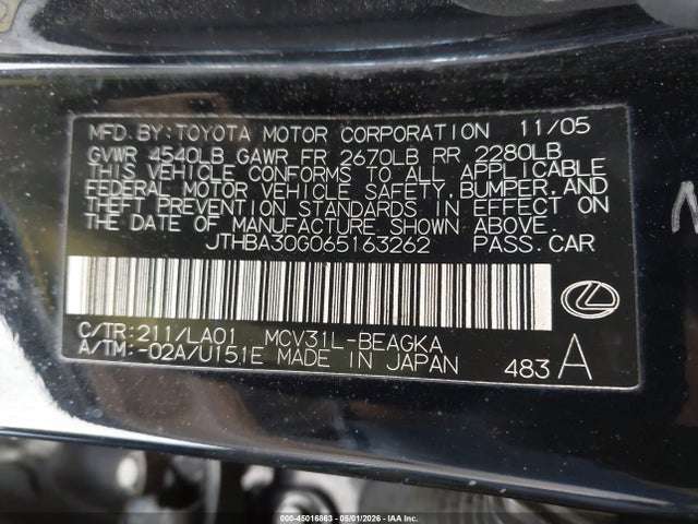 2006 Lexus Es 330 მანქანა იყიდება აუქციონზე, vin: JTHBA30G065163262, აუქციონის ნომერი: 45016863