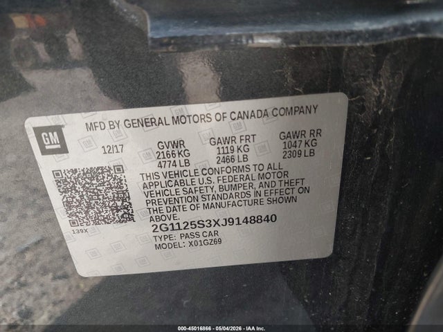 Aukcja sprzedaży 2018 Chevrolet Impala 2lz, vin: 2G1125S3XJ9148840, numer aukcji: 45016866