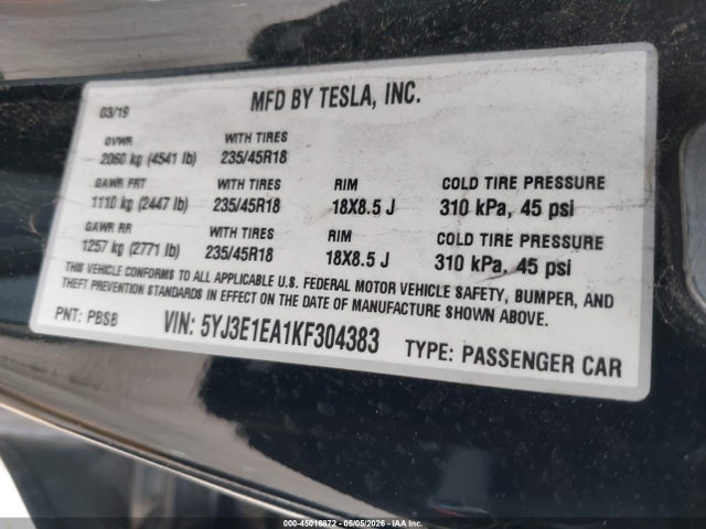 Aukcja sprzedaży 2019 Tesla Model 3, vin: 5YJ3E1EA1KF304383, numer aukcji: 45016872
