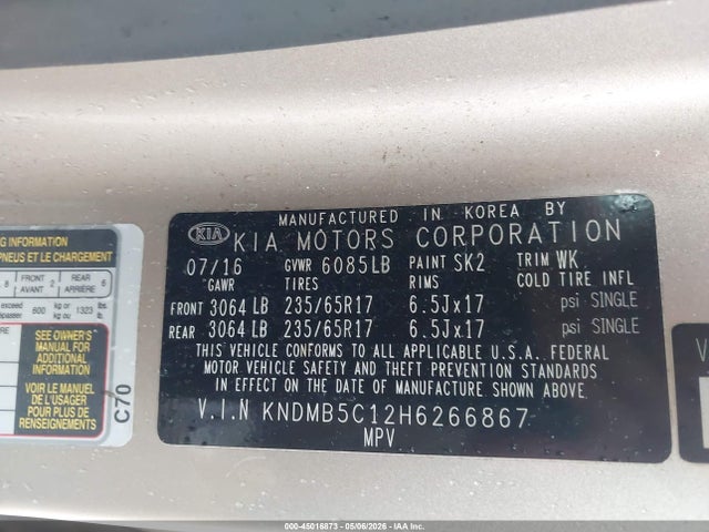 45016873 :رقم المزاد ، KNDMB5C12H6266867 vin ، 2017 Kia Sedona Lx مزاد بيع