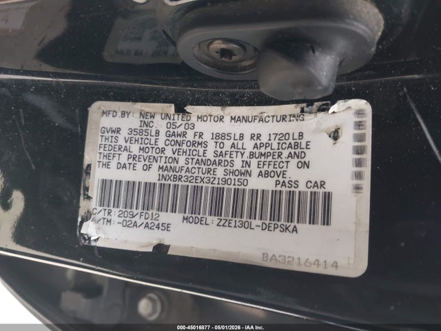 45016877 :رقم المزاد ، 1NXBR32EX3Z190150 vin ، 2003 Toyota Corolla S مزاد بيع