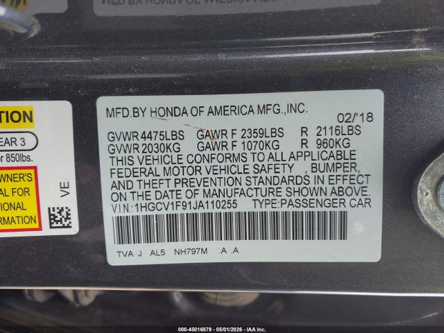 Продажа на аукционе авто 2018 Honda Accord Touring, vin: 1HGCV1F91JA110255, номер лота: 45016879