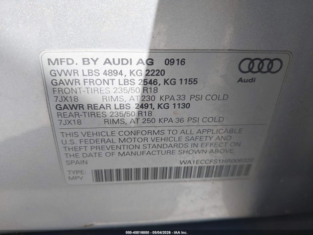 Aukcja sprzedaży 2017 Audi Q3 2.0t Premium, vin: WA1ECCFS1HR006320, numer aukcji: 45016880