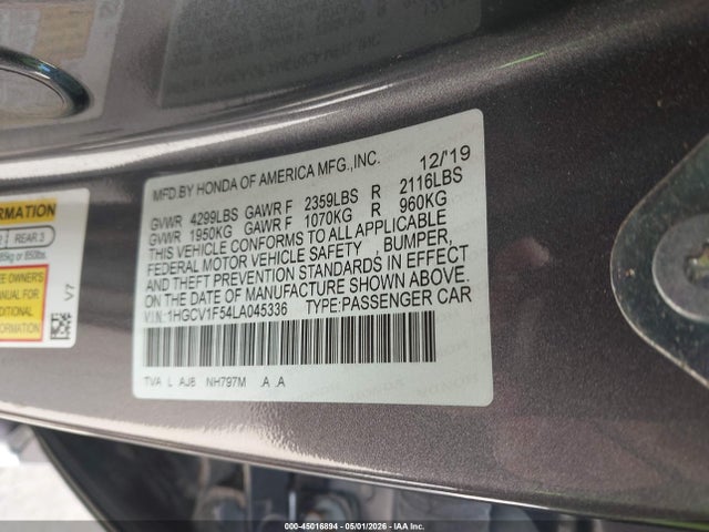 Продажа на аукционе авто 2020 Honda Accord Ex-l, vin: 1HGCV1F54LA045336, номер лота: 45016894