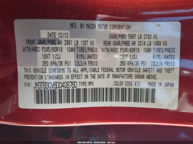 Продажа на аукционе авто 2013 Mazda Cx-9 Touring, vin: JM3TB3CV6D0408760, номер лота: 45016918