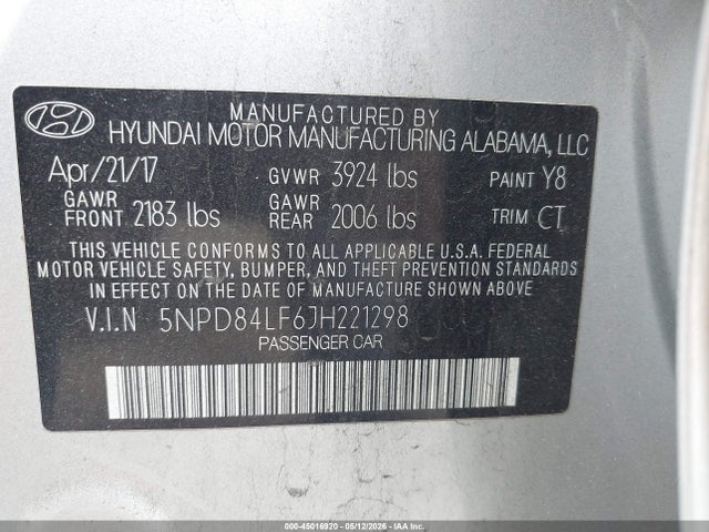 5NPD84LF6JH221298 Hyundai ELANTRA SEL