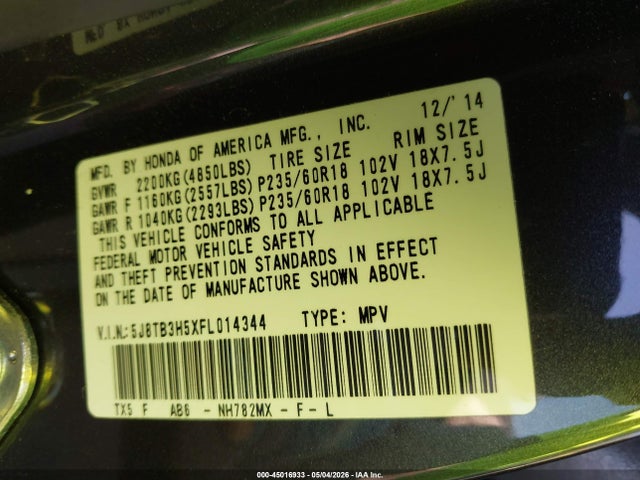 45016933 :رقم المزاد ، 5J8TB3H5XFL014344 vin ، 2015 Acura Rdx مزاد بيع