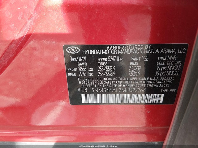 Продаж на аукціоні авто 2021 Hyundai Santa Fe Limited, vin: 5NMS44AL2MH322268, номер лоту: 45016936