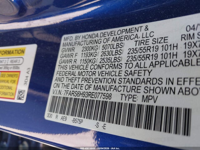 Aukcja sprzedaży 2024 Honda Cr-v Hybrid Sport Touring, vin: 7FARS6H93RE077598, numer aukcji: 45016955