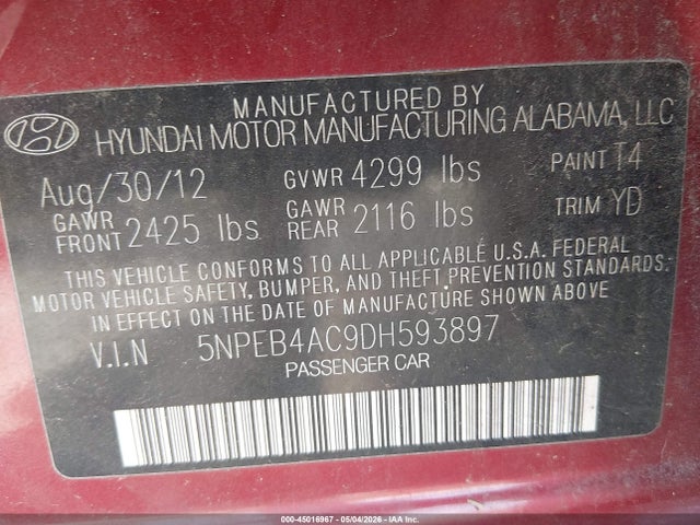 Продажа на аукционе авто 2013 Hyundai Sonata Gls, vin: 5NPEB4AC9DH593897, номер лота: 45016967