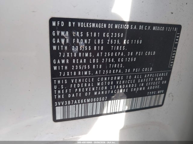 Aukcja sprzedaży 2019 Volkswagen Tiguan 2.0t Se/2.0t Sel/2.0t Sel R-line/2.0t Sel R-line Black, vin: 3VV3B7AX6KM060507, numer aukcji: 45016969
