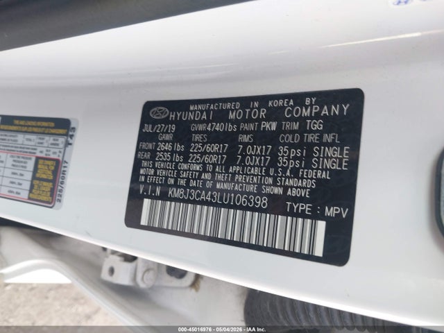 45016976 :رقم المزاد ، KM8J3CA43LU106398 vin ، 2020 Hyundai Tucson Value مزاد بيع