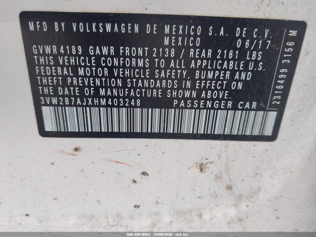 45016982 :رقم المزاد ، 3VW2B7AJXHM403248 vin ، 2017 Volkswagen Jetta 1.4t S مزاد بيع