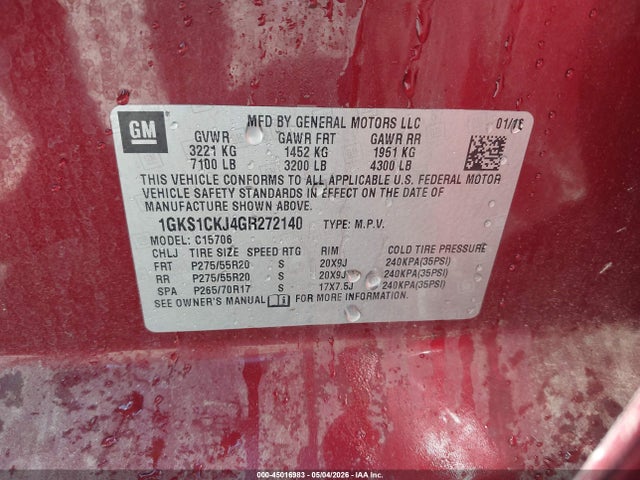2016 Gmc Yukon Denali მანქანა იყიდება აუქციონზე, vin: 1GKS1CKJ4GR272140, აუქციონის ნომერი: 45016983