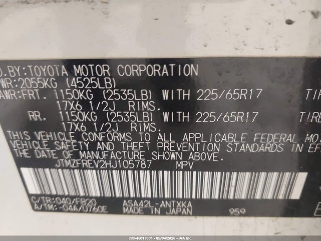 Aukcja sprzedaży 2017 Toyota Rav4 Le, vin: JTMZFREV2HJ105787, numer aukcji: 45017001