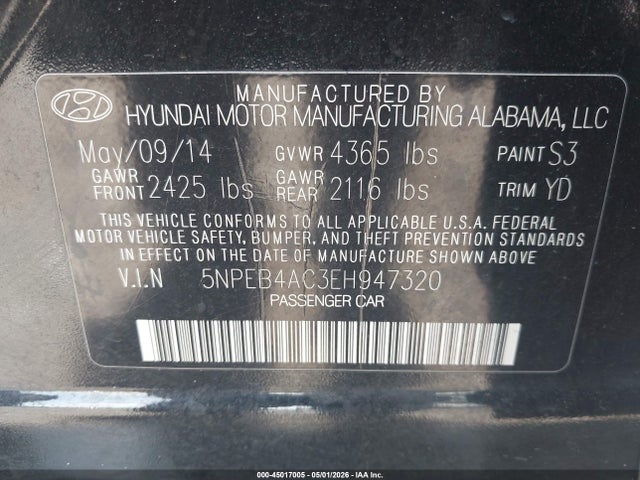 Aukcja sprzedaży 2014 Hyundai Sonata Gls, vin: 5NPEB4AC3EH947320, numer aukcji: 45017005