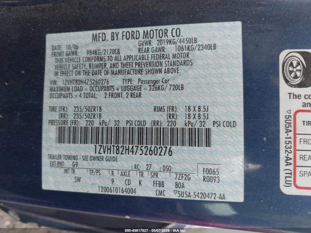 2007 Ford Mustang Gt Deluxe/gt Premium მანქანა იყიდება აუქციონზე, vin: 1ZVHT82H475260276, აუქციონის ნომერი: 45017027