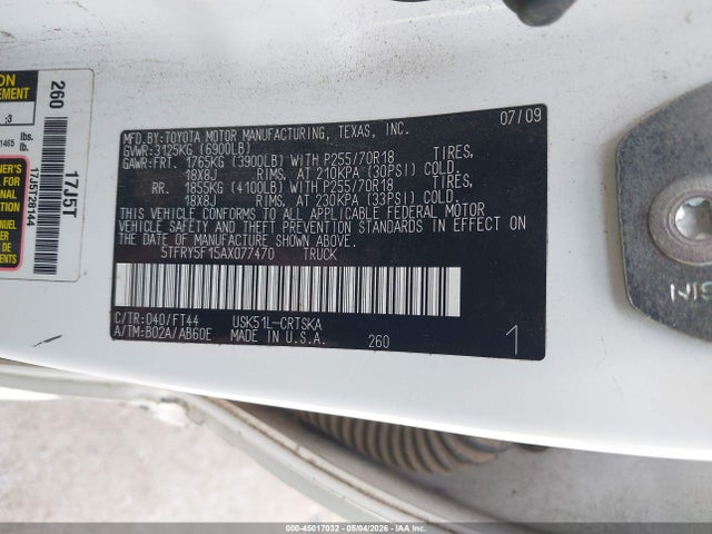 Продажа на аукционе авто 2010 Toyota Tundra Grade 5.7l V8, vin: 5TFRY5F15AX077470, номер лота: 45017032