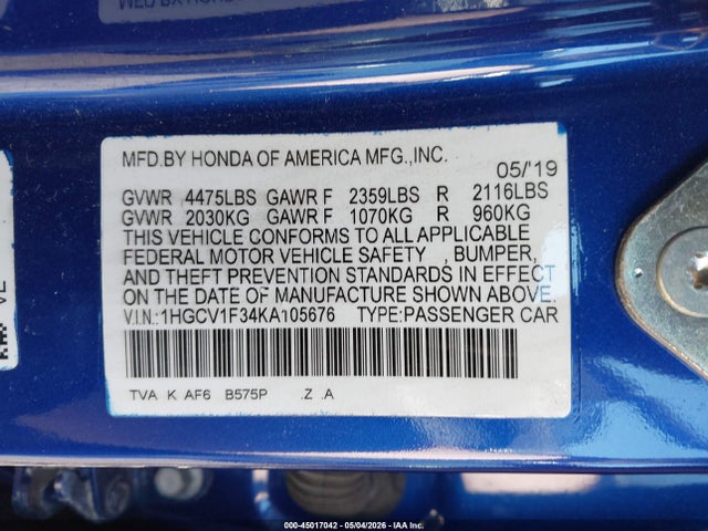 45017042 :رقم المزاد ، 1HGCV1F34KA105676 vin ، 2019 Honda Accord Sport مزاد بيع