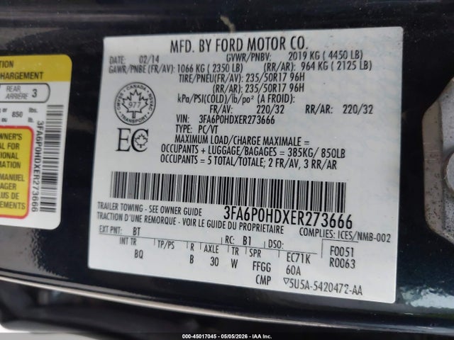 Продажа на аукционе авто 2014 Ford Fusion Se, vin: 3FA6P0HDXER273666, номер лота: 45017045
