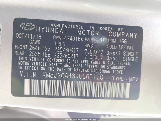 2019 Hyundai Tucson Se მანქანა იყიდება აუქციონზე, vin: KM8J2CA43KU865120, აუქციონის ნომერი: 45017047