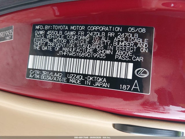 45017049 :رقم المزاد ، JTHFN45Y689019935 vin ، 2008 Lexus Sc 430 مزاد بيع