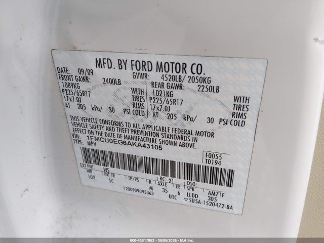 Продажа на аукционе авто 2010 Ford Escape Limited, vin: 1FMCU0EG6AKA43105, номер лота: 45017052
