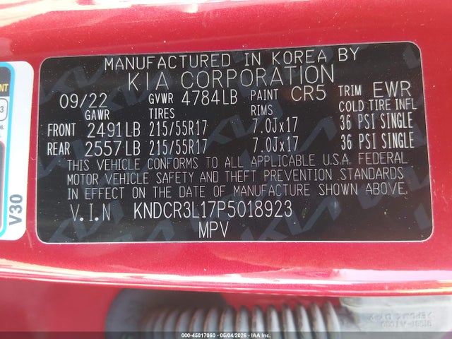 2023 Kia Niro Ev Wind მანქანა იყიდება აუქციონზე, vin: KNDCR3L17P5018923, აუქციონის ნომერი: 45017060