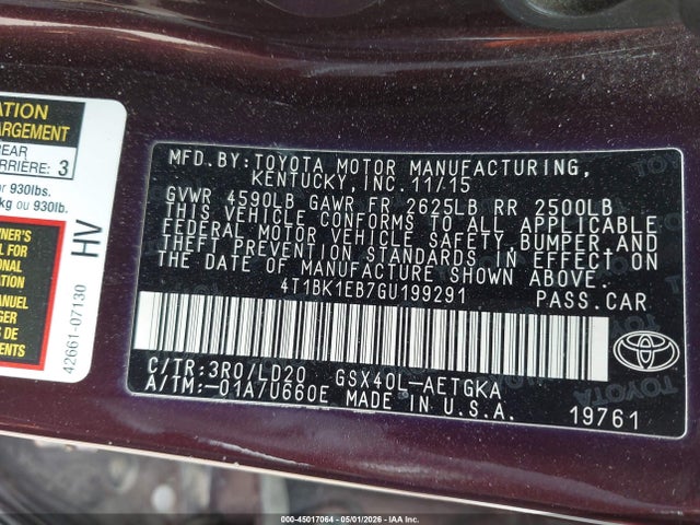Aukcja sprzedaży 2016 Toyota Avalon Xle, vin: 4T1BK1EB7GU199291, numer aukcji: 45017064
