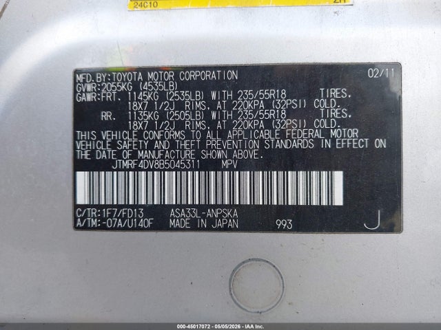 2011 Toyota Rav4 Sport მანქანა იყიდება აუქციონზე, vin: JTMRF4DV8B5045311, აუქციონის ნომერი: 45017072