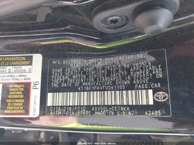 2015 Toyota Camry Le მანქანა იყიდება აუქციონზე, vin: 4T1BF1FK4FU041105, აუქციონის ნომერი: 45017073
