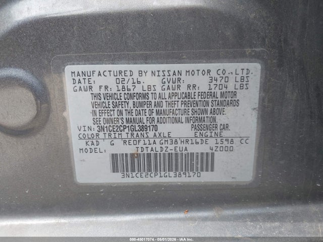 45017074 :رقم المزاد ، 3N1CE2CP1GL389170 vin ، 2016 Nissan Versa Note مزاد بيع