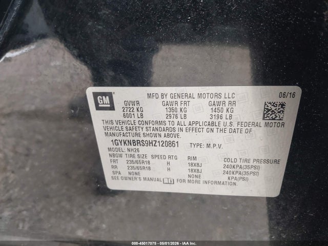 2017 Cadillac Xt5 Luxury მანქანა იყიდება აუქციონზე, vin: 1GYKNBRS9HZ120861, აუქციონის ნომერი: 45017075