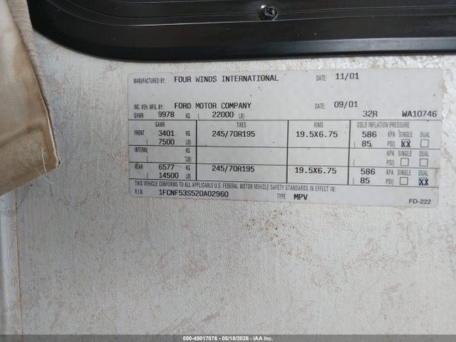 Aukcja sprzedaży 2002 Winnebago Windsport, vin: 1FCNF53S520A02960, numer aukcji: 45017076