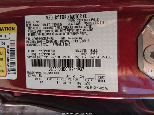Aukcja sprzedaży 2015 Ford Fusion Se, vin: 3FA6P0HD0FR244937, numer aukcji: 45017081