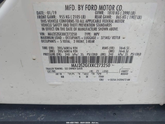 45017083 :رقم المزاد ، MAJ3S2GEXKC273250 vin ، 2019 Ford Ecosport Se مزاد بيع