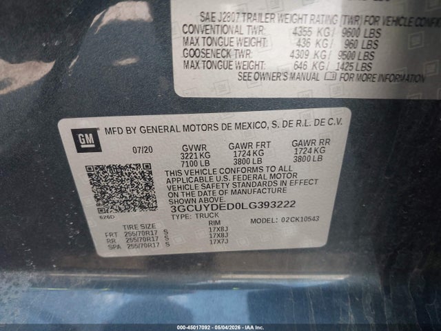 Продаж на аукціоні авто 2020 Chevrolet Silverado 1500 4wd  Short Bed Lt, vin: 3GCUYDED0LG393222, номер лоту: 45017092