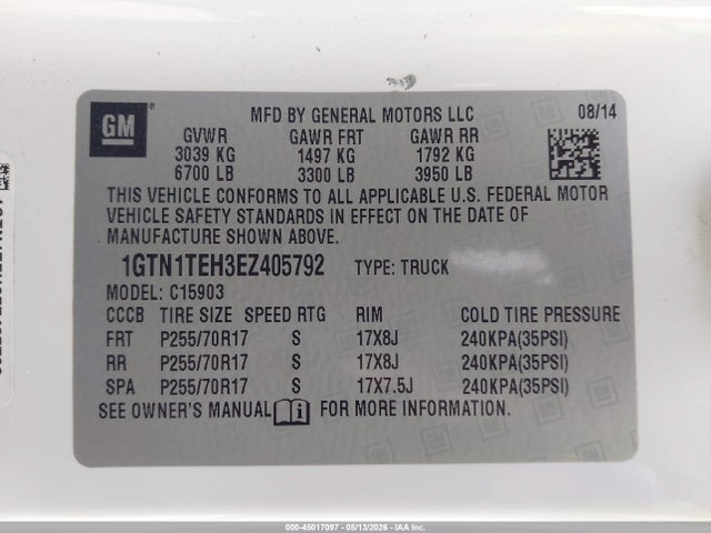 Продаж на аукціоні авто 2014 Gmc Sierra 1500, vin: 1GTN1TEH3EZ405792, номер лоту: 45017097