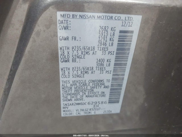 Aukcja sprzedaży 2013 Nissan Pathfinder Sl, vin: 5N1AR2MM6DC629586, numer aukcji: 45017101
