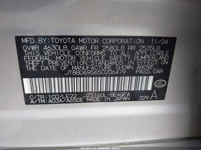 Aukcja sprzedaży 2005 Lexus Gs 300, vin: JT8BD69S650206479, numer aukcji: 45017114