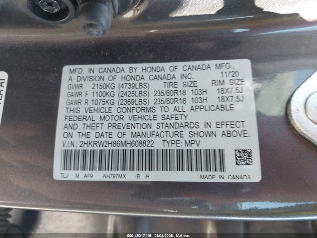 2HKRW2H86MH608822 Honda Cr-v Awd Ex-l