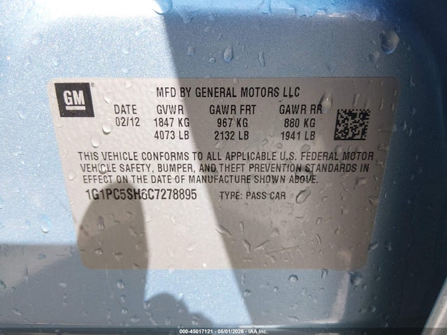 45017121 :رقم المزاد ، 1G1PC5SH6C7278895 vin ، 2012 Chevrolet Cruze Ls مزاد بيع