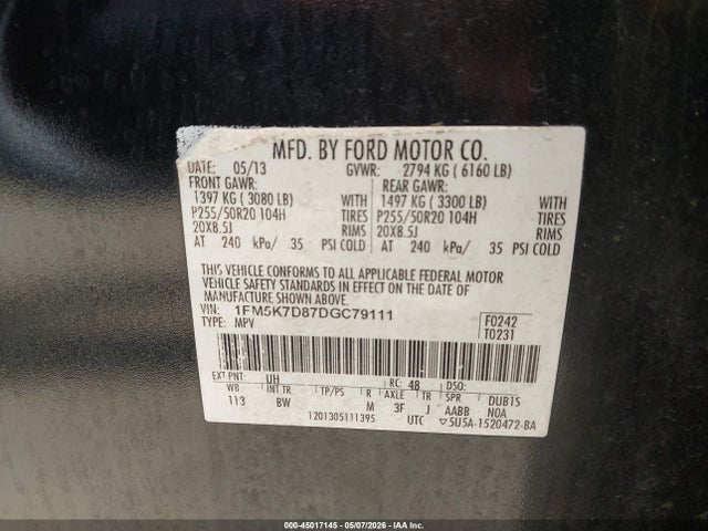 2013 Ford Explorer Xlt მანქანა იყიდება აუქციონზე, vin: 1FM5K7D87DGC79111, აუქციონის ნომერი: 45017145