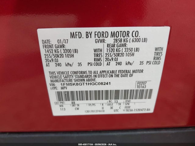 Aukcja sprzedaży 2017 Ford Explorer Sport, vin: 1FM5K8GT1HGC08241, numer aukcji: 45017154