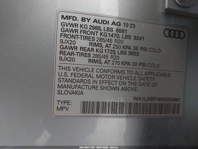 Продаж на аукціоні авто 2024 Audi Q7 Premium Plus 55 Tfsi Quattro Tiptronic, vin: WA1LXBF74RD004867, номер лоту: 45017155