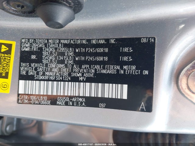Aukcja sprzedaży 2015 Toyota Highlander Xle V6, vin: 5TDKKRFH6FS041324, numer aukcji: 45017157