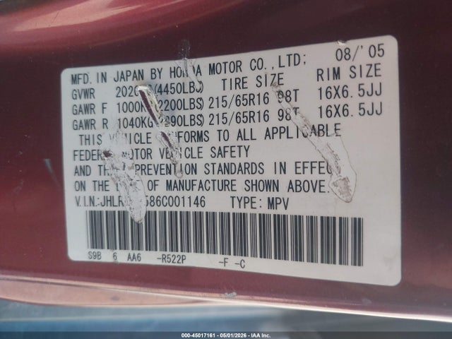 Продажа на аукционе авто 2006 Honda Cr-v Lx, vin: JHLRD68586C001146, номер лота: 45017161
