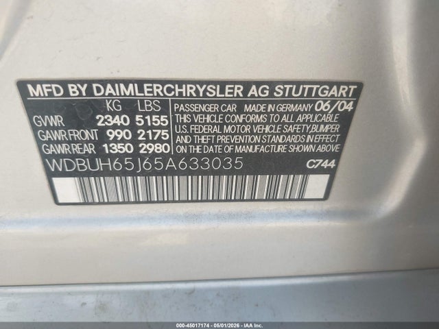 2005 Mercedes-benz E 320 მანქანა იყიდება აუქციონზე, vin: WDBUH65J65A633035, აუქციონის ნომერი: 45017174