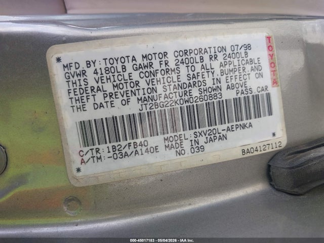 1998 Toyota Camry Le მანქანა იყიდება აუქციონზე, vin: JT2BG22K0W0260883, აუქციონის ნომერი: 45017183