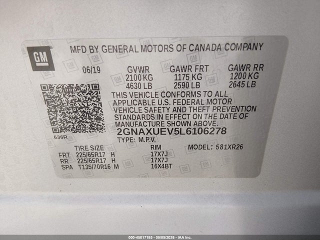 Продажа на аукционе авто 2020 Chevrolet Equinox Awd Lt 1.5l Turbo, vin: 2GNAXUEV5L6106278, номер лота: 45017185